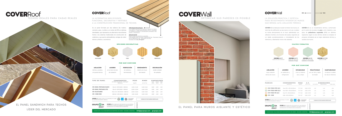 Sistema Constructivo, revestimiento techos y revestimiento muros, vistas frente y dorso de los folletos de ambos productos.